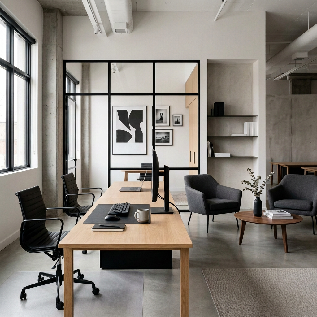 Modern office with workstations, lounge chairs, shelves, and agency branding